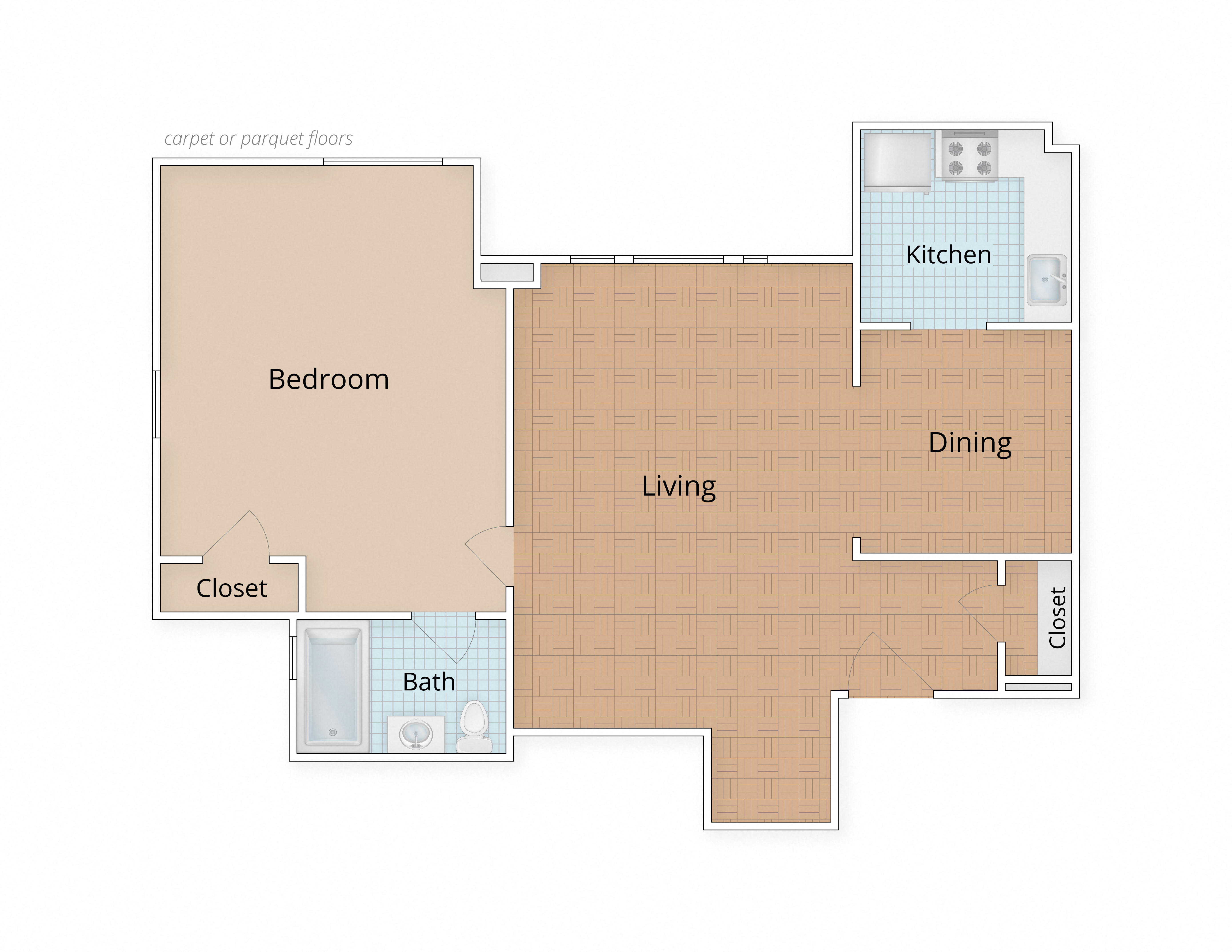 Floor plan for 1 bed, 1 bath, 712 sqft